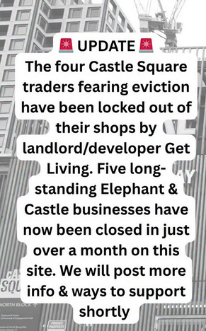 ShapeCoalition1's tweet photo. URGENT! @LatinElephant are reporting that four Castle Square traders have been locked out of their shops by miserable Elephant &amp; Castle developers Get Living / Delancey! 

This is just more of the same terrible treatment traders at the temporary Castle Sq have endured for years! https://t.co/KREfBaszEa