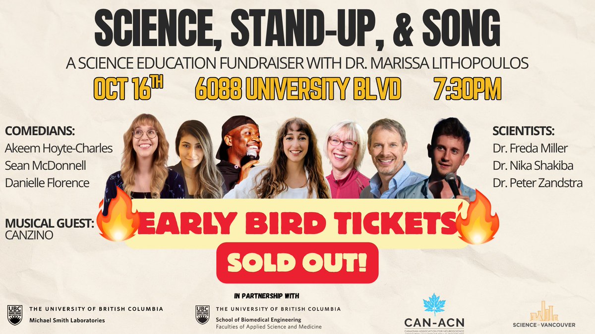 🚨Few tickets left for Science, Stand-Up, &amp; Song!!! 🎟 Link to tickets here: bit.ly/sciencestandup… 

📍Thursday, October 16th at 7:30 pm at 6088 University Blvd  

You don't want to miss this show!🔥🔥

<a href="/nika_shakiba/">Nika Shakiba</a> 
<a href="/PZandstra/">Peter Zandstra</a> 
<a href="/CAN_ACN/">CAN ACN</a> 
<a href="/ubcmsl/">Michael Smith Labs</a> 
<a href="/ScienceVancity/">Science in Vancouver</a>  
@ubc