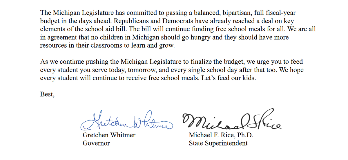Gov. Gretchen Whitmer says in a new letter to Michigan school leaders that the upcoming budget "will continue funding free school meals for all." 

Here's a portion of it: