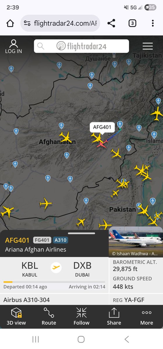 Looks like flights have resumed at Kabul International Airport with Ariana Afghan Airlines flight to Dubai departing 3 hours late.