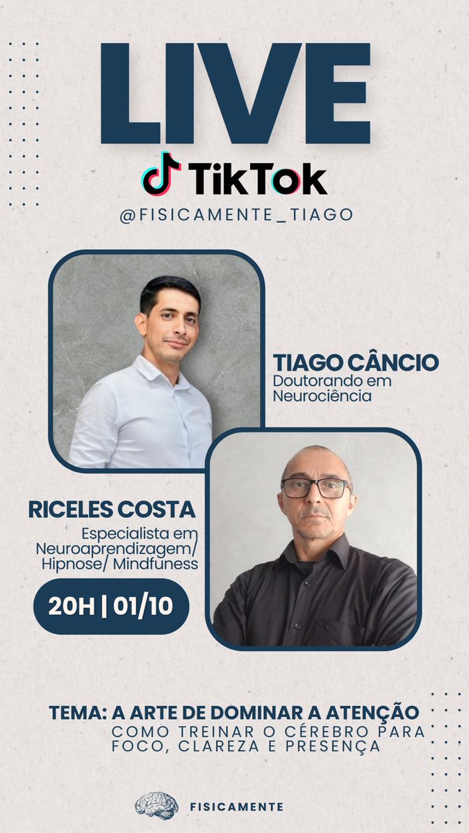 PoderdaAtencao's tweet image. 📌LIVE
Anfitrião
Tiago Câncio - instagram.com/tiago.paulo.c/
Convidado
Riceles Costa - instagram.com/arte.de.domina…
📌Tema:
A Arte de Dominar a Atenção - Como treinar o cérebro para Foco, Clareza e Presença
🗓️Quando: 1º de outubro de 2025, ⏰às 20:00
🧭Onde: tiktok.com/@fisicamente_t…