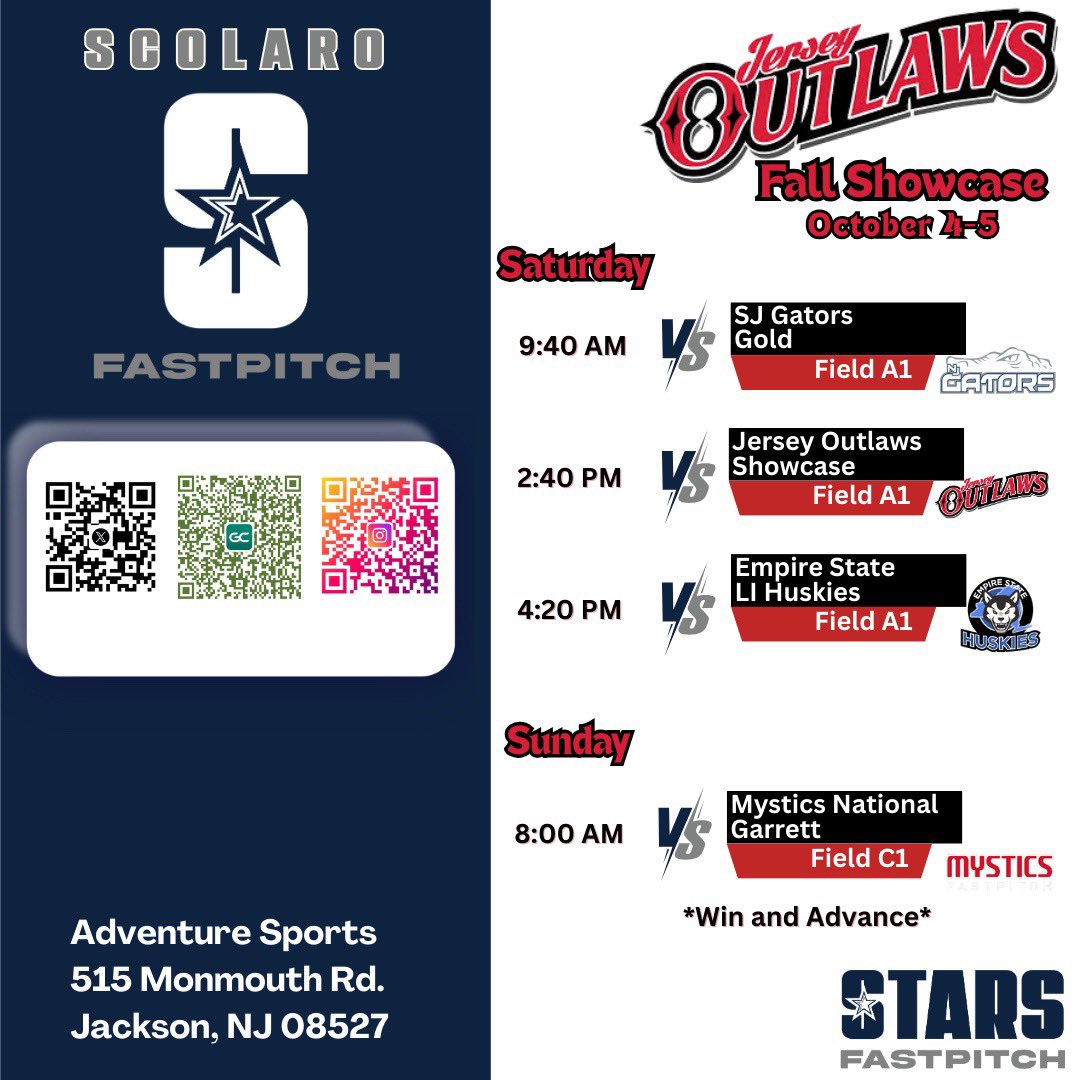 This weekend my team will be playing in Jackson NJ at the Jersey Outlaws Fall Showcase! Come check us out!!! 

<a href="/stars_FPNJ/">NJStarsFastpitch</a> <a href="/starsnationalfp/">Stars Organization</a> <a href="/ALLNJSoftball/">NJ softball</a> <a href="/SBRRetweets/">Softball Recruiting Reposts</a> <a href="/SoftballHome/">Softball Home</a> <a href="/Softball_Home/">Softball Home🥎</a> <a href="/TopPreps/">TOP PREPS - Free Sports News, Videos & Information</a> <a href="/CoastRecruits/">Coast 2 Coast Recruits</a> <a href="/CoastRecruitsSB/">Coast Recruits 🥎</a> <a href="/DirectRecruits/">Direct Recruits</a>