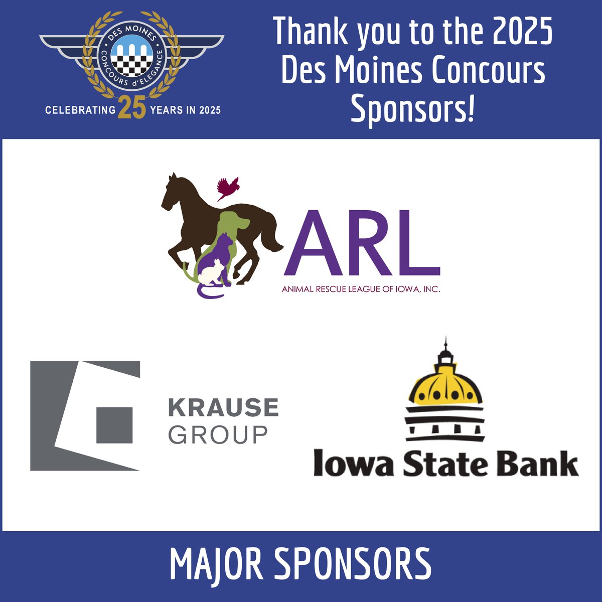 DSMConcours's tweet photo. For 25 years, our Major Sponsors have made the Des Moines Concours a tradition of excellence. Thank you for helping us carry on this legacy in 2025! 🏆 #DSMConcours https://t.co/cUrLKjNB7T