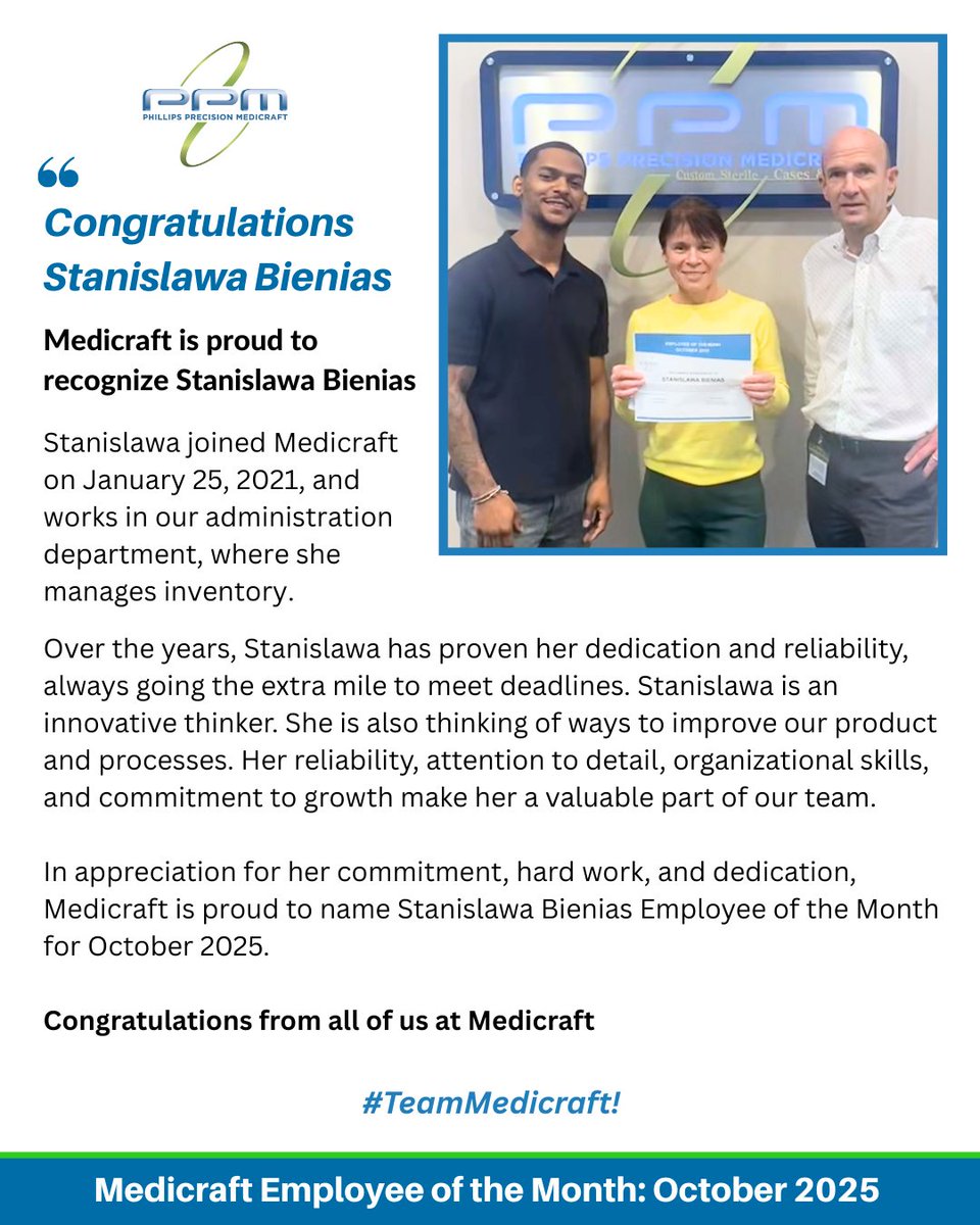 Medicraft is proud to recognize Stanislawa Bienias!
Stanislawa: In recognition of her hard work and dedication, Medicraft is honored to name Stanislawa Bienias Employee of the Month for October 2025. 
🎉 Congratulations from all of us at Medicraft! 👏👏