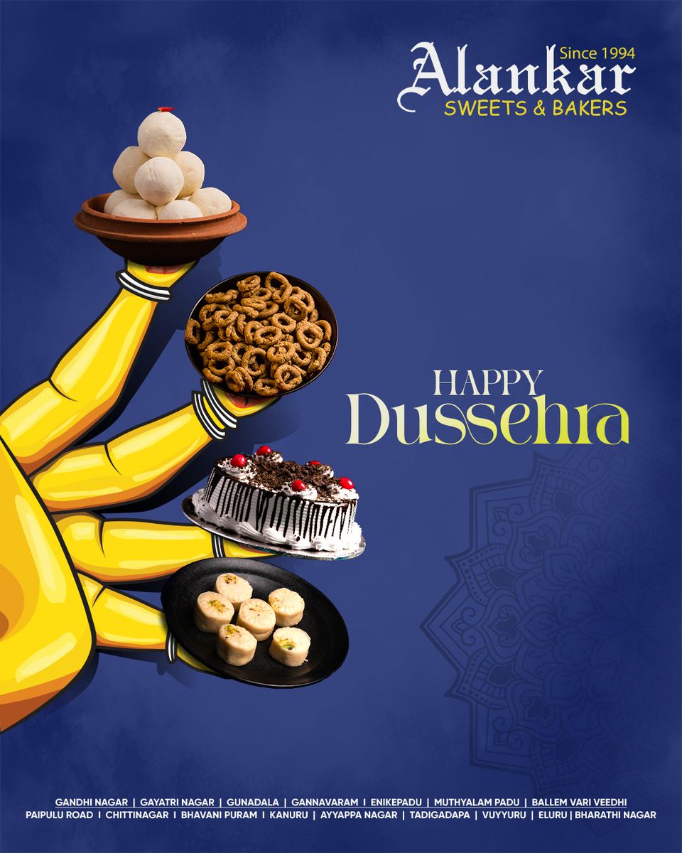 AlankarBakery's tweet image. ✨ Sweeten your celebrations this Dussehra with the finest treats from Alankar Sweets &amp;amp; Bakers! 🌸🍬

Wishing you a joyous and flavor-filled Dussehra with happiness in every bite. 💛

#HappyDussehra #AlankarSweets #FestiveFlavors #Vijayadashami #FestiveVibes #Vijayawada