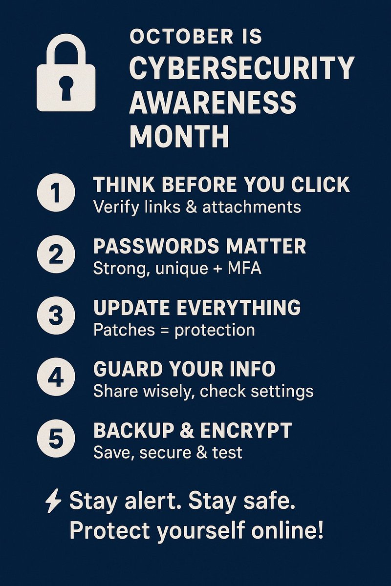 October is #CyberSecurityAwareness Month!  Online threats are more common and more convincing than ever!  Protect yourself!! Slow Down! Stay Alert! Stay Safe! Protect Yourself Online! 

Cybersecurity Awareness Tips for October