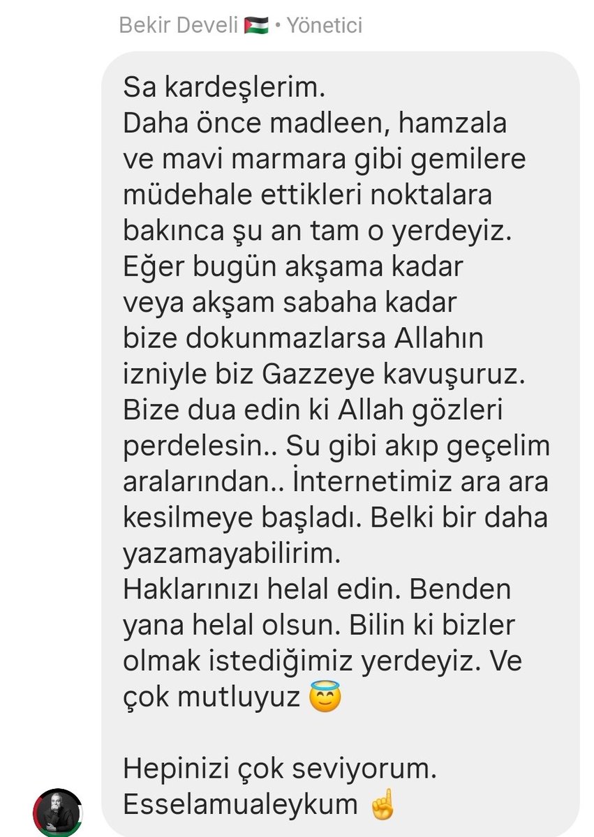 Bekir Develi'den bir mesaj var. 
Duayı, teyakkuzu bir an elden, dilden, kalpten bırakmayalım. Sosyal medyada her fırsatta yazın. Etiket kullanın. Onları yalnız bırakmayalım. Bari bunu yapalım. Allah'a(cc) emanetler..
#MyAgendaSumud
#AllEyesOnSumud#FreePalestine