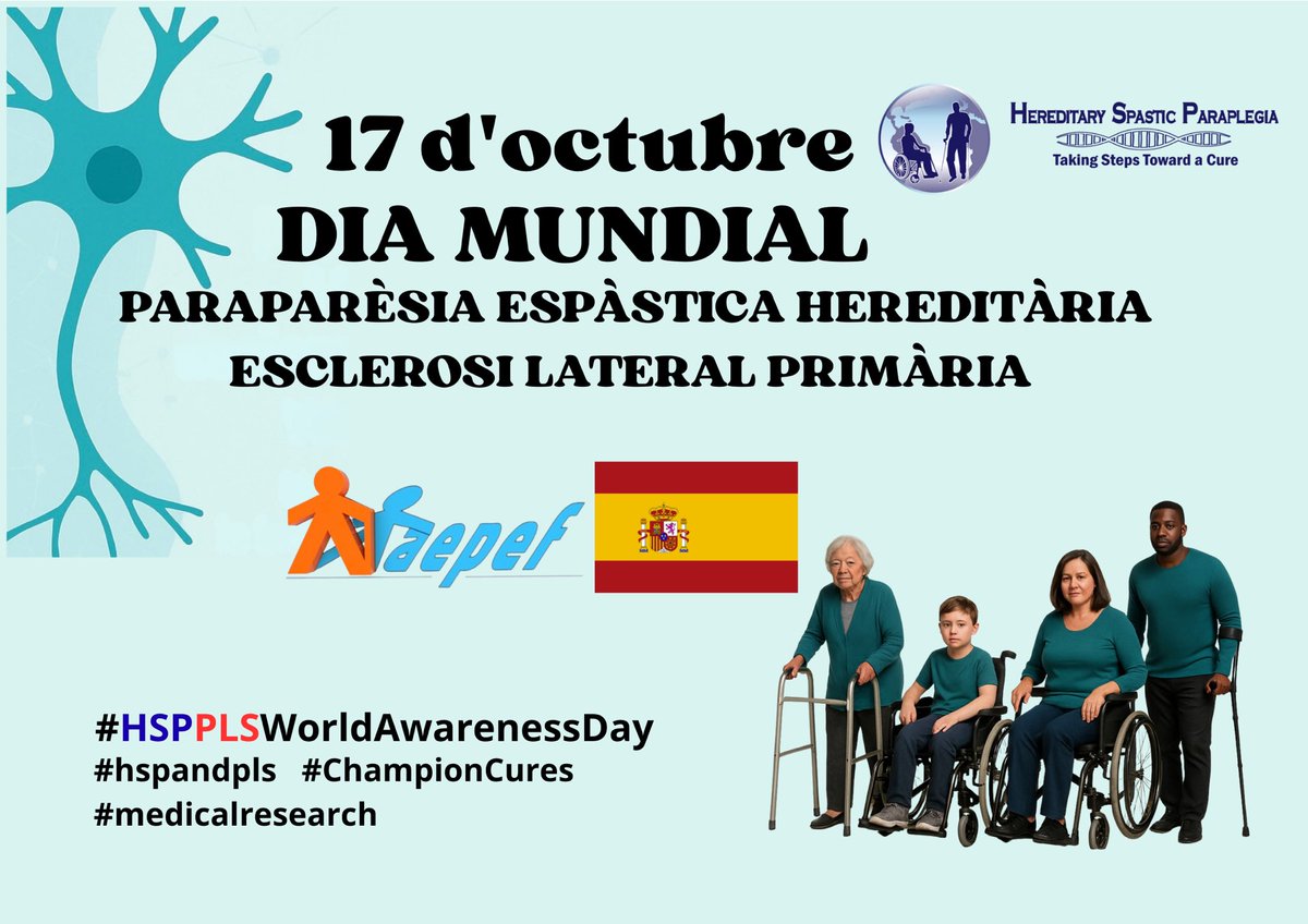 Aepef's tweet photo. 17 d’octubre Día Mundial de la Paraparèsia Espàstica Hereditària i de l’Esclerosi Lateral Primària. 
#hsppls #hspandpls #worldawarenessday #championcures #medicalresearch https://t.co/rqEEOsbHS7