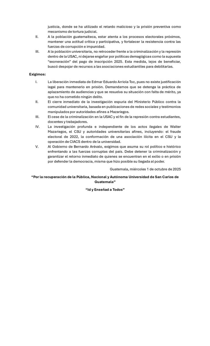 🚨 Exigimos libertad para Edmar Arriola 🚨

La detención de nuestro compañero es política y busca castigar su defensa de la autonomía universitaria, la educación pública y la libertad académica en la USAC.

📢 Exigimos su liberación inmediata y el cese de la represión en la USAC.