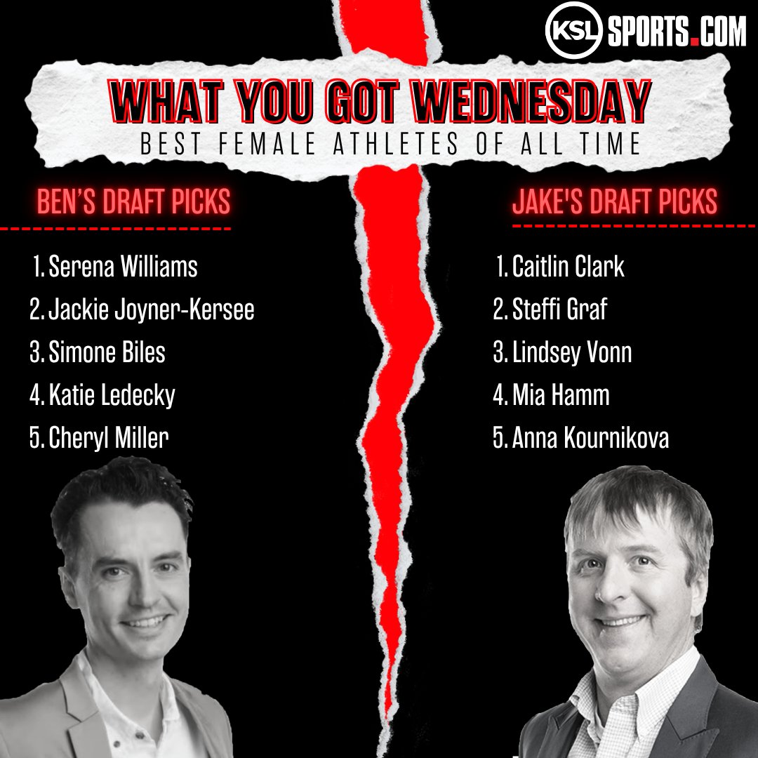 JakeAndBenKSL's tweet image. What You Got Wednesday with @JakeScottZone &amp;amp; @BensHoops Today they give their Top 5 Draft Picks of:          
- Best Female Athletes of All Time
- Best Voices of All Time

Drop a vote below for who you think has the best picks! And let us know who we missed ⬇️