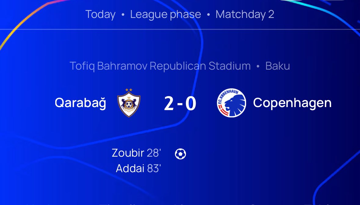 IsmayilovFN's tweet photo. Congratulations to @FKQarabaghEN for the second consecutive win at @ChampionsLeague. This time 2-0 convincing win over @FCKobenhavn.
🇦🇿🇦🇿🇦🇿 https://t.co/bSU8p6r6FJ