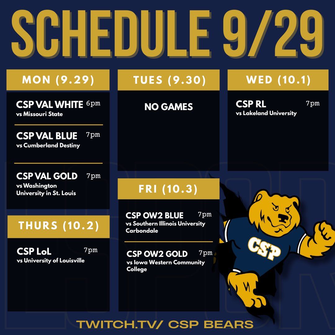 CSPEsports's tweet photo. Schedule for the rest of the week!
Rocket League tonight at 7, League of Legends tomorrow at 7 and Overwatch at 7 on Friday
GO BEARS
https://t.co/WVwk0RS6Cg https://t.co/L2jzgmfypS