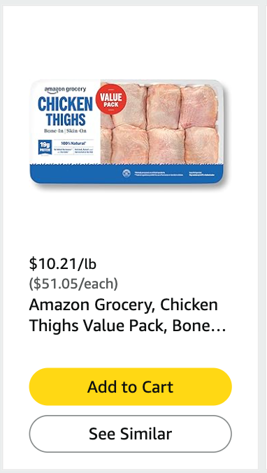 Mljc91's tweet photo. $10.21/lb for Chicken Thighs from @AmazonFresh. It feels like an error, but also doesn't. 

It really seems like this is the state we're in. https://t.co/ykK8mI23jU