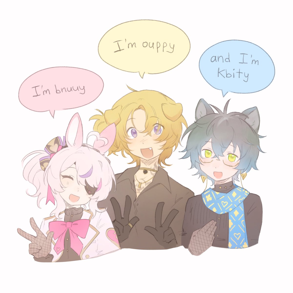 #nijitober25
(#MariArtte #drawluca #ikenography)  
Day 1! My kamioshis!!! ❤️‍🩹💛💙