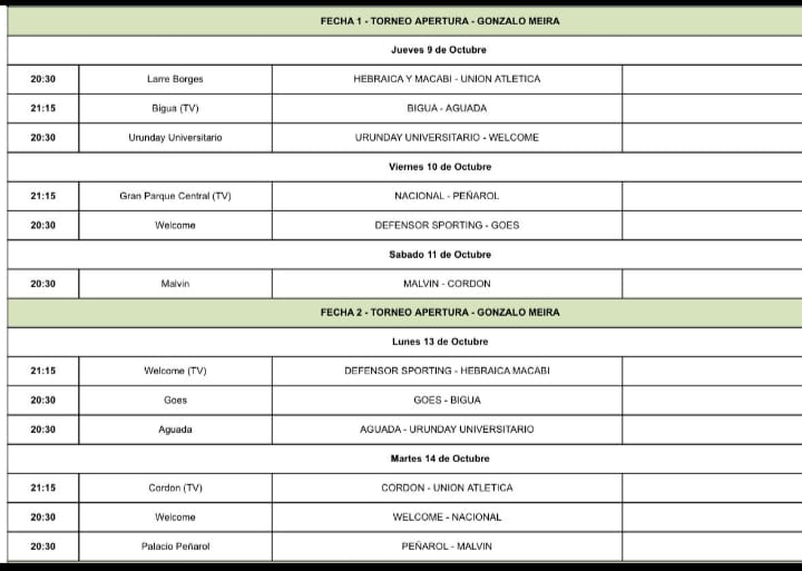 basquetcaliente's tweet photo. 🚨 #AHORA Asi se jugarán las dos primeras fechas de la Liga Uruguaya.

Biguá - Aguada televisado el jueves 9 y Nacional - Peñarol el viernes 10, los dos primeros televisados. Ambos a las 21:15. El resto de los encuentros comienza 20:30. https://t.co/q6sjpc7CWr
