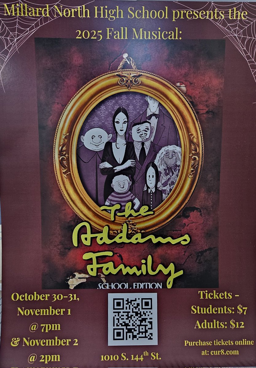 Tickets are on sale now at cur8.com  Millard North High School's Musical "The Addams Family" opens on Oct. 30th! <a href="/MillardNorthMBC/">Mustang Booster Club</a> <a href="/AaronBearinger/">Aaron Bearinger</a> <a href="/MNHSActivities/">MNHS Activities</a> <a href="/MillardNorthHS/">Millard North HS</a>