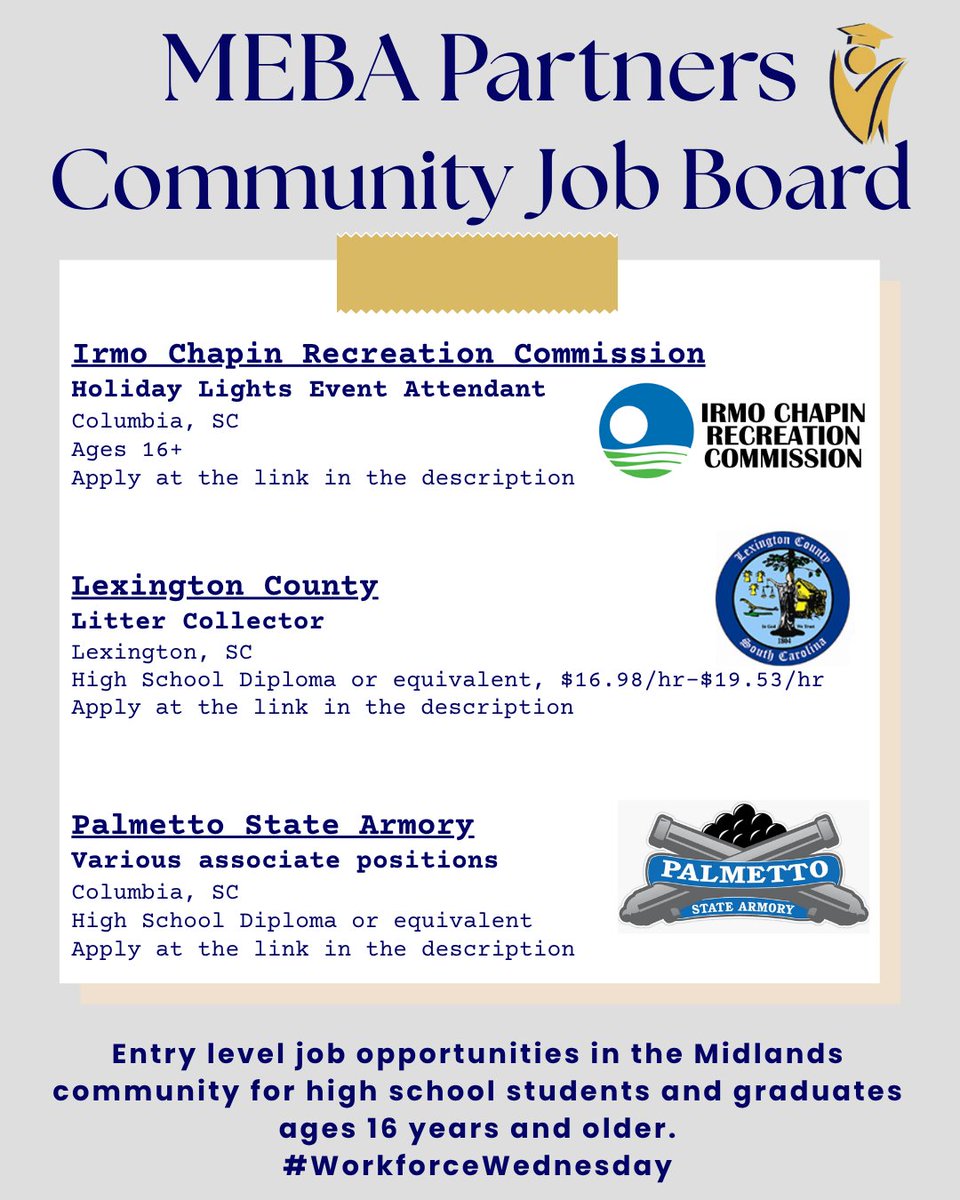 mebasc's tweet photo. #WorkforceWednesday #MEBAPartners #creatingcareerconnections #communityjobs #communityjobboard
@irmochapinrecreation
App: https://t.co/12B7IZqfkZ
@lexingtonsc
App: https://t.co/6KuI9Nta96
@palmettostatearmory
App: https://t.co/3pSzsXGpgw https://t.co/K59lECZB7A
