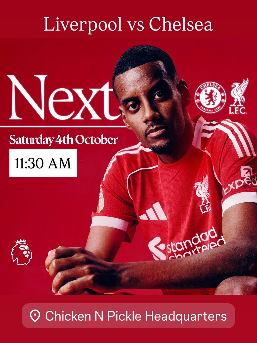 Next up, we’re back in Premier League action 👊

Liverpool vs Chelsea ⚽️ 
Saturday 4 October 🗓️
11:30 AM Kick-Off ⏰
Chicken N Pickle NKC - Rooftop 🏟️

YNWA🧣