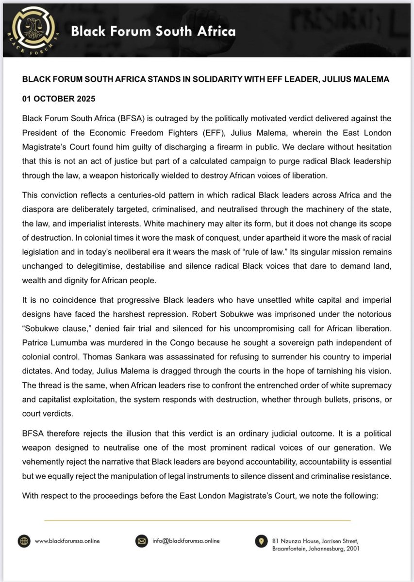 BlackForumSA's tweet photo. The BFSA Statement on the misstep of the law and abortion of justice three decades into democracy - Pure racial persecution of the @EFFSouthAfrica President @Julius_S_Malema. We must fight back against abuse of our judiciary. https://t.co/SMKkL5ye3w