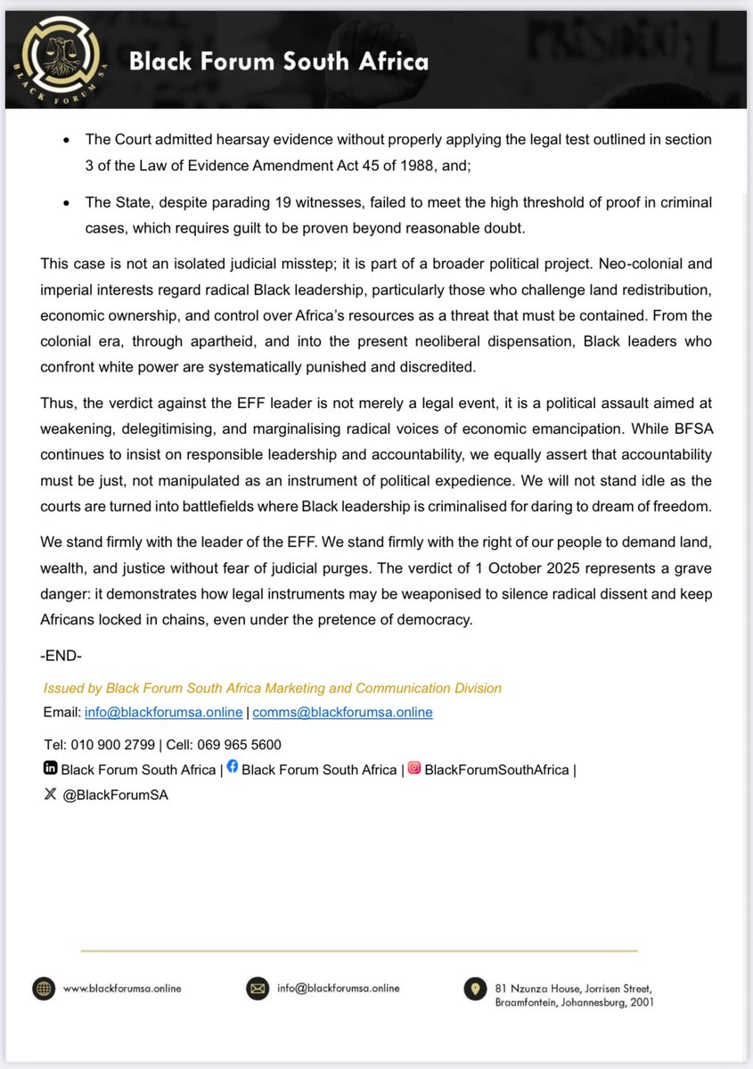 BlackForumSA's tweet photo. The BFSA Statement on the misstep of the law and abortion of justice three decades into democracy - Pure racial persecution of the @EFFSouthAfrica President @Julius_S_Malema. We must fight back against abuse of our judiciary. https://t.co/SMKkL5ye3w