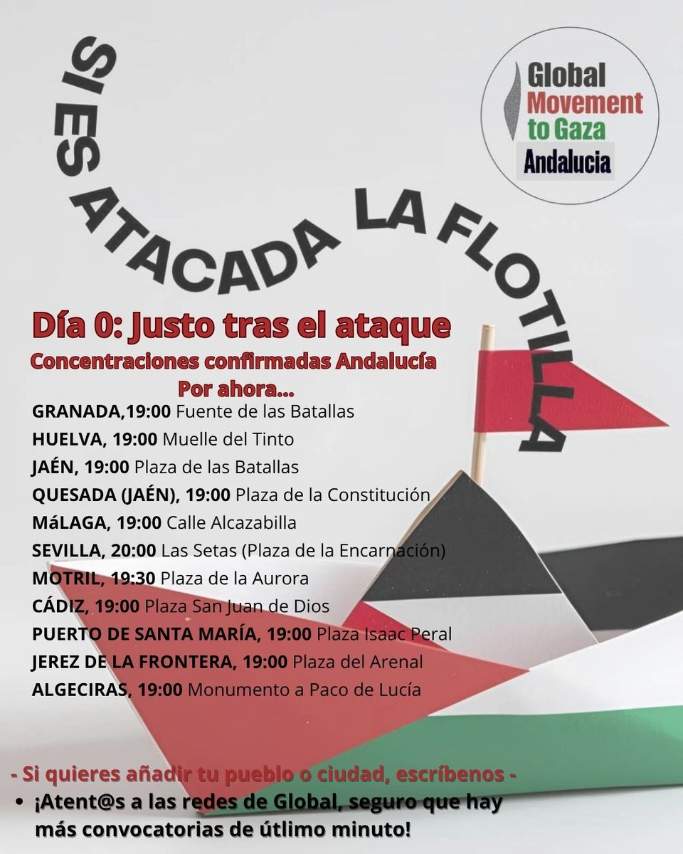 Interceptar una flotilla humanitaria en aguas internacionales es un acto de piratería. Condenamos el asalto de la #Flotilla. Exigimos un trato correcto y la liberación inmediata de todas las personas activistas detenidas ilegalmente. Llamamos a participar  en las convocatorias 👇