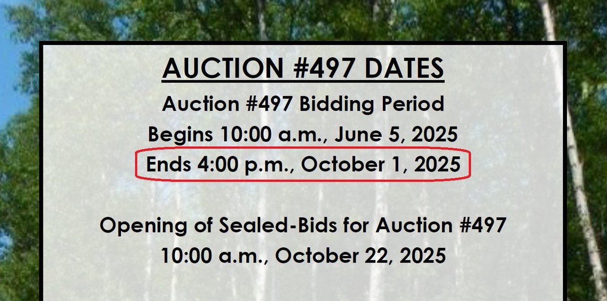 AlaskaLand4Sale's tweet photo. The deadline to submit Auction #497 bids is today (Wednesday, October 1) at 4:00 PM! https://t.co/CQGkuJkNXx