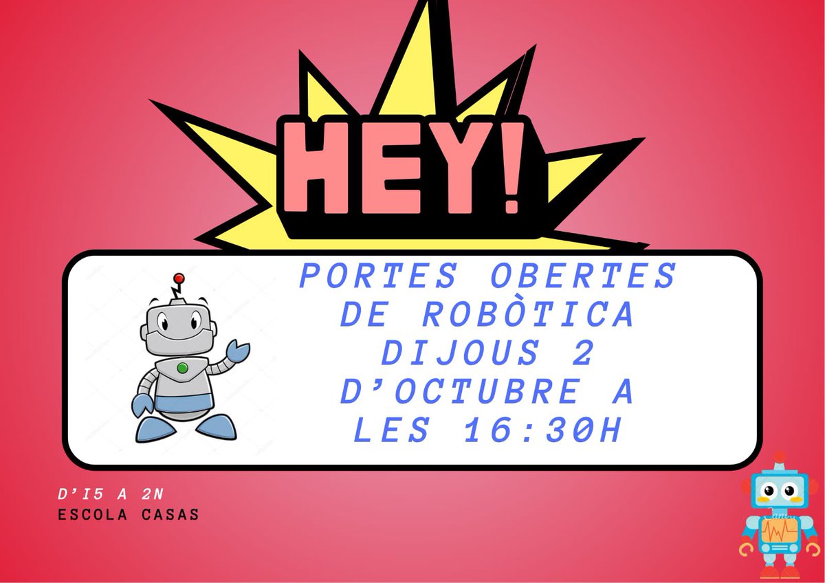 🚀 Demà obrim les portes!
Vine a descobrir l’extraescolar de robòtica a l’<a href="/CasasEscola/">Escola Casas</a>. Enginy, diversió i molta creativitat…🤖✨

👉 Us hi esperem a la jornada de portes obertes!

#EscolaCasas #Robòtica #elclot