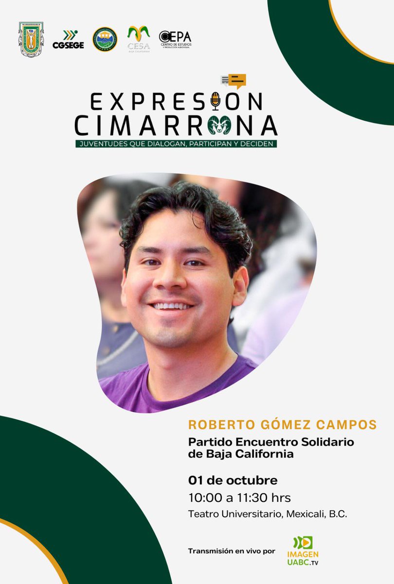 FCSyP_UABC's tweet photo. Hoy, cuarto encuentro con Partidos Políticos del Foro “Expresión Cimarrona: Juventudes que dialogan, participan y deciden” UABC. 
Participa: Roberto Gómez Campos, representante del Partido Encuentro Solidario de Baja California. https://t.co/vSopr7WlY9