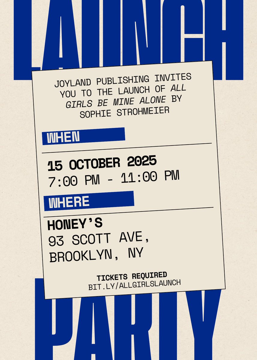 Finished copies of ALL GIRLS BE MINE ALONE by Sophie Strohmeier are in, and it's almost time to celebrate. Join us October 14 at Unnameable Books and on October 15 at Honey's. We hope to see you there! 

bit.ly/allgirlslaunch