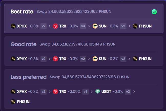 The new Sun.io version is impressive! The "Smart Router" was needed in the #TRON DEX ecosystem, comparing all accessible liquidity pools across protocol versions to find the best trade. 
Great work, <a href="/trondao/">TRON DAO</a> <a href="/justinsuntron/">H.E. Justin Sun 👨‍🚀 🌞</a>