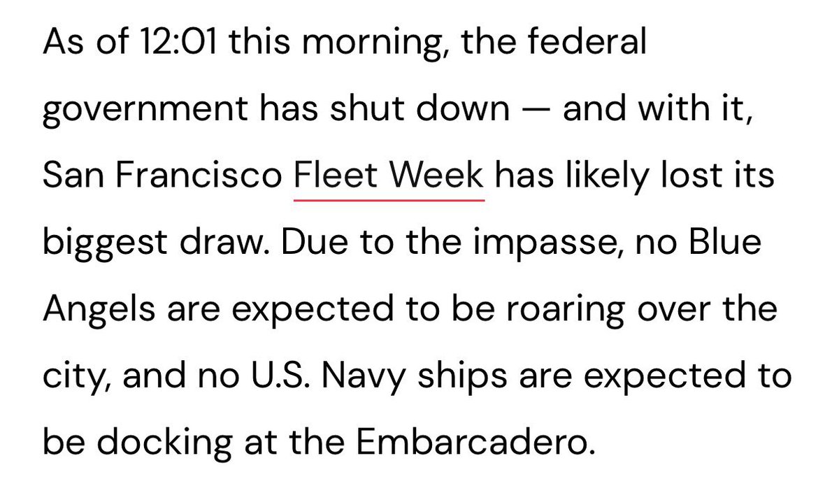 Just found out but because of the government shutdown, no Blue Angels or US Navy ships will be expected at Fleet Week this year 🥲