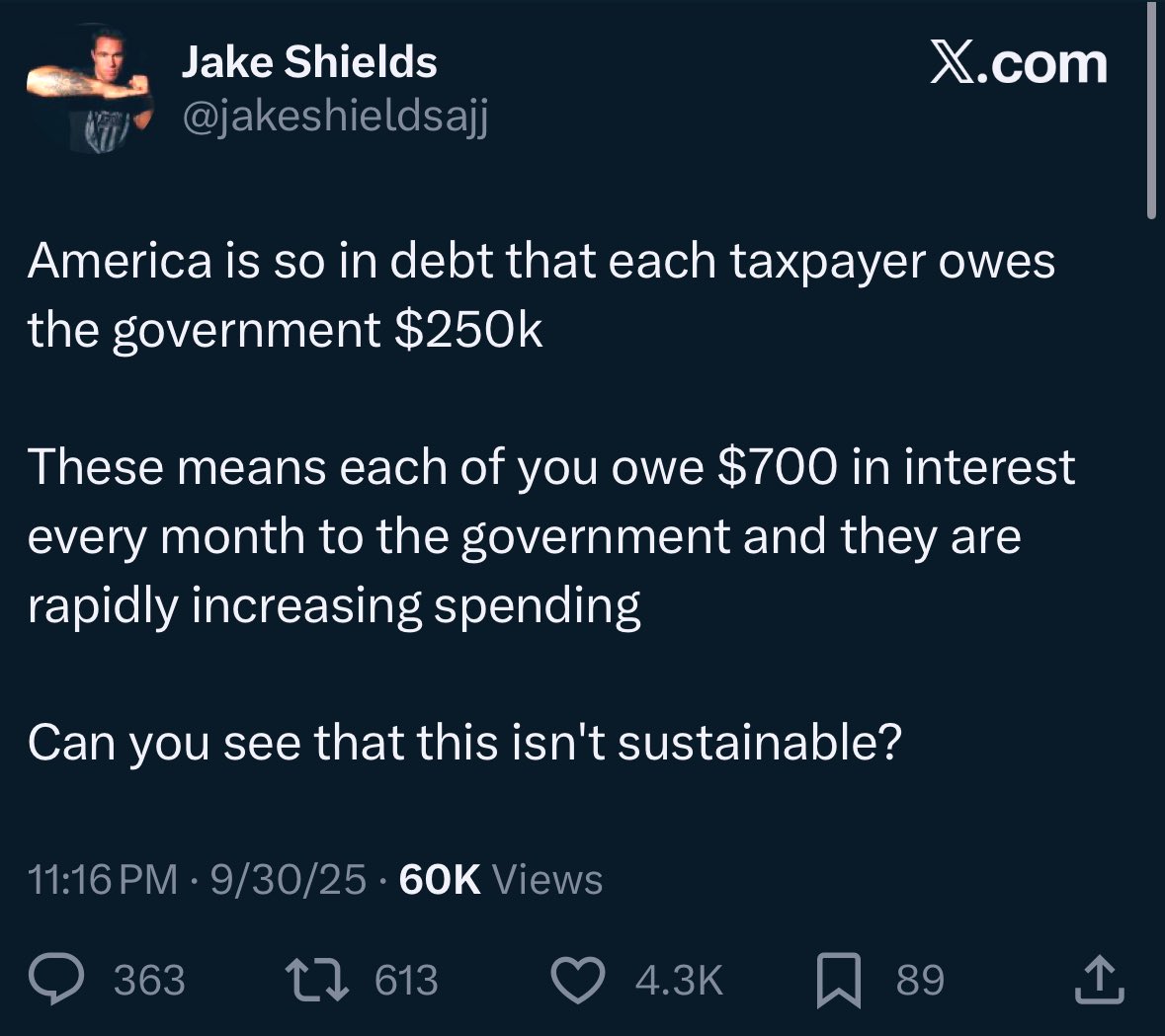 SubvertingSS's tweet image. “Can you see that this isn’t sustainable”
This qualifier implies that our runaway debt isn’t negatively effecting our current economic condition.
Truth: Our runaway debt (including entitlements) is THE PRIMARY CULPRIT as to why young people feel themselves becoming poorer.