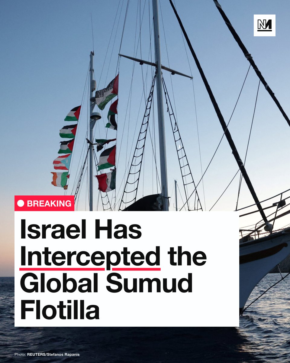 novaramedia's tweet photo. The Global Sumud Flotilla has been intercepted, less than 70 nautical miles from Gaza. 

Israeli vessels menaced the flotilla’s 41 vessels for several hours on Wednesday night, before boarding lead boat Alma, and Sirius shortly afterwards. 

Kieran Andrieu was livestreaming for Novara Media from sailing yacht Adara. He reported a boat approaching fast, shining bright lights and spraying water on him, before IDF soldiers jumped on board. 

More to follow.