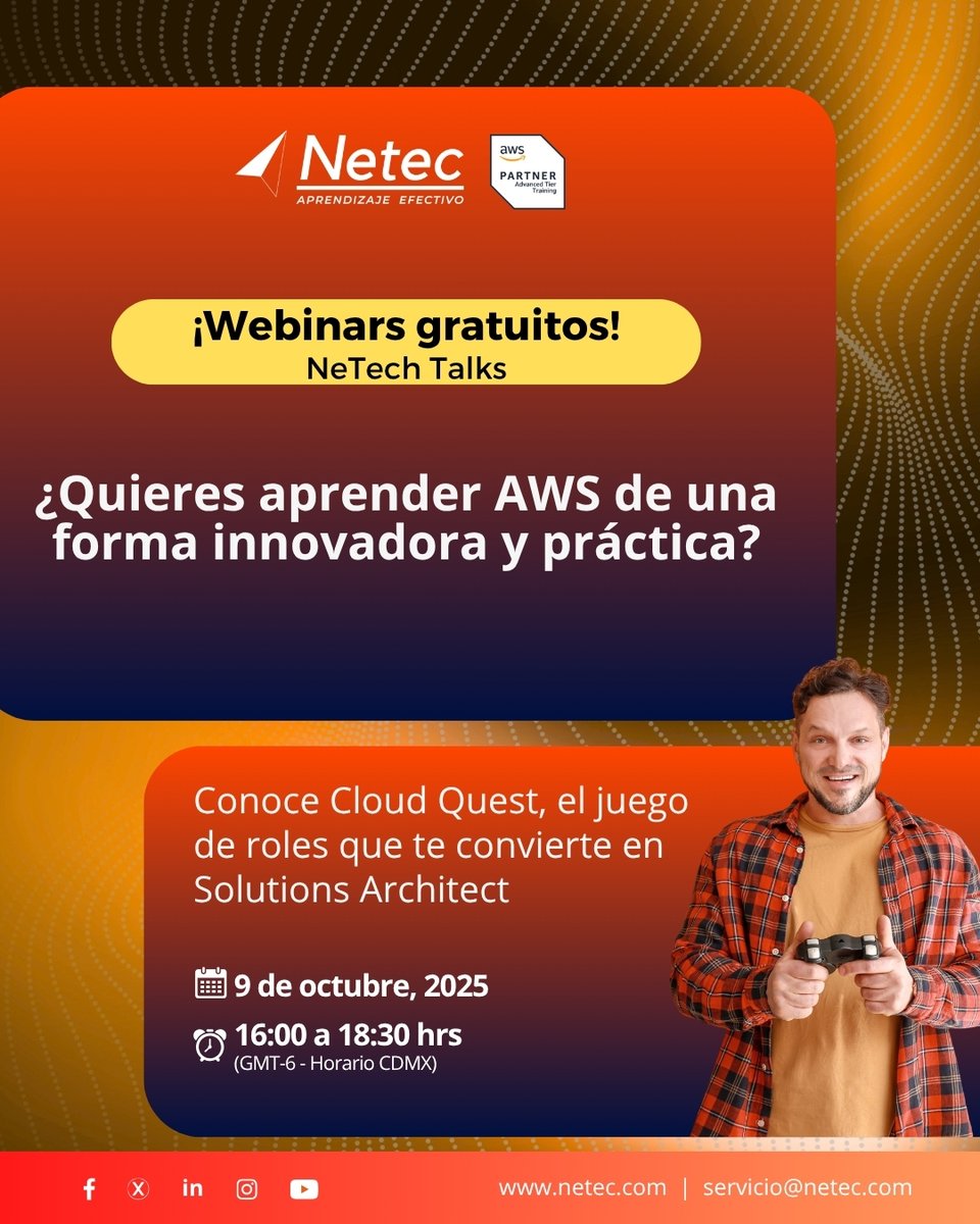 netec's tweet image. #WebinarGratuito 🎮 “De gamer a experto: Domina AWS con Cloud Quest”
Descubre cómo el aprendizaje gamificado impulsa el desarrollo de talento TI.

📅 9 de oct | 16:00-18:30 hrs (CDMX)
🔗 Regístrate ➡️ hubs.la/Q03LLQS00

#NeTechTalks #AWS #CloudQuest