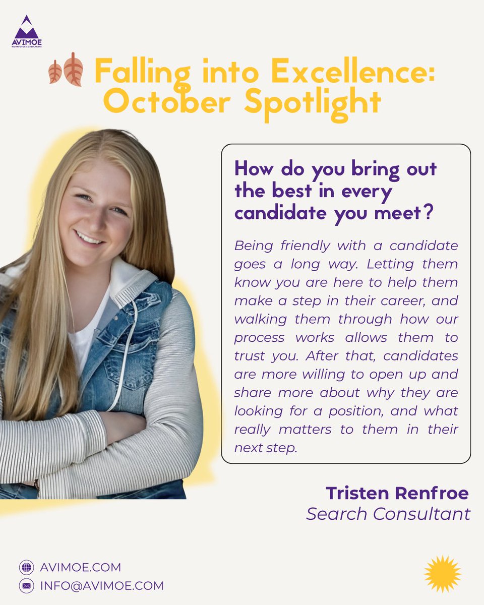 avimoe_wc's tweet image. This month, we’re celebrating Tristen Renfroe, our Search Consultant.

From bringing out the best in every candidate to staying positive through challenges, Tristen reminds us how teamwork, encouragement, and trust create lasting impact. 💜

#TeamAvimoe #EmployeeSpotlight