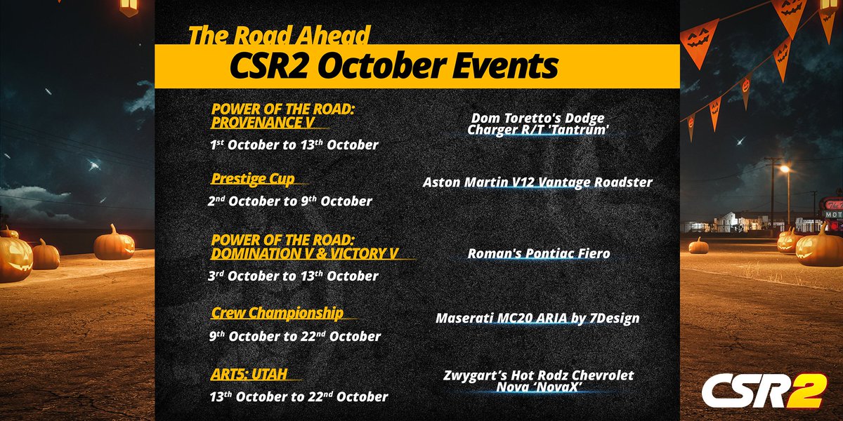 CSRRacing's tweet photo. October is packed with treats (and maybe a few tricks π»)! Hereβs your full lineup of CSR2 events β mark your calendars and donβt miss a race! π
Play #CSR2 here: https://t.co/s9Ydj9Cxp0
#DragRacing #OctoberEvents #CSR2Events https://t.co/m8ndF26TrM