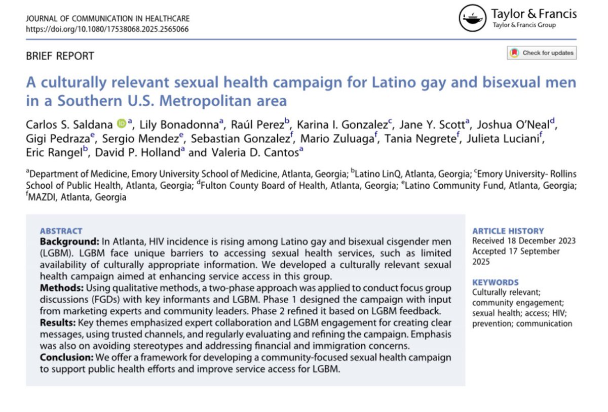🔥We highlight our approach for developing and deploying an outreach campaign that ultimately linked hundreds of Latinos to sexual health services in Atlanta - GA
doi.org/10.1080/175380…
