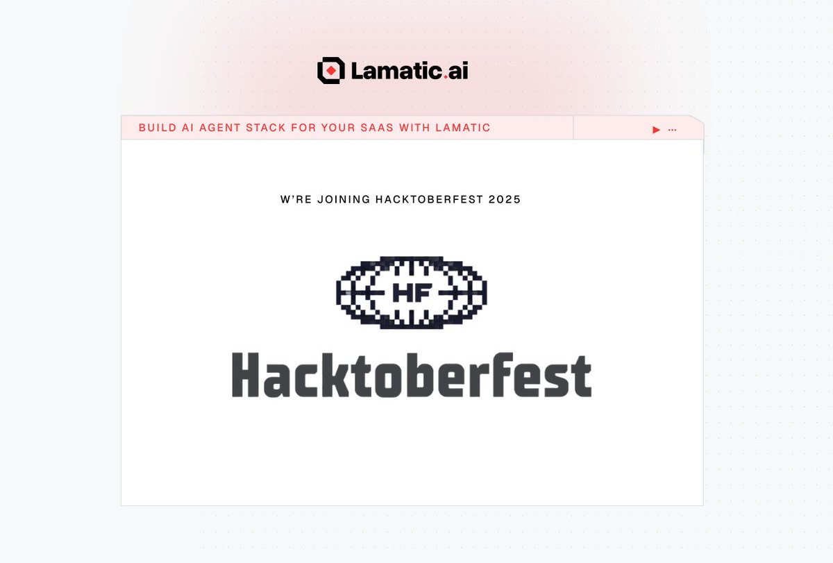 🔥 We’re joining #Hacktoberfest 2025!

Contribute to Lamatic:
⚡ SDKs (flows, prompts, agents)
📚 Docs &amp; guides
🤖 Agent Kits &amp; templates

📅 Oct 1–31, 2025
🎁 Swag + Hall of Fame

🔗 More info: lamatic.ai/docs/hacktober…

#Lamatic #Hacktoberfest