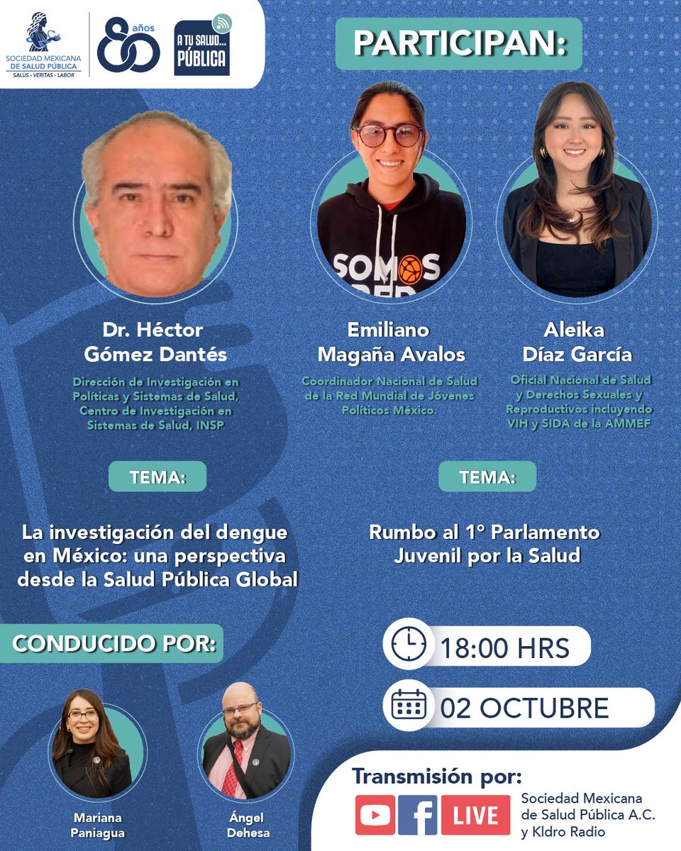 Este 📆 2 de octubre a las ⏰ 18:00 hrs te esperamos en una nueva edición de "A Tu Salud Pública".

🔴 Transmisión en vivo por Facebook y YouTube de la Sociedad Mexicana de Salud Pública A.C. y Kldro Radio.

📢 ¡Acompáñanos y sé parte del diálogo por la salud pública!