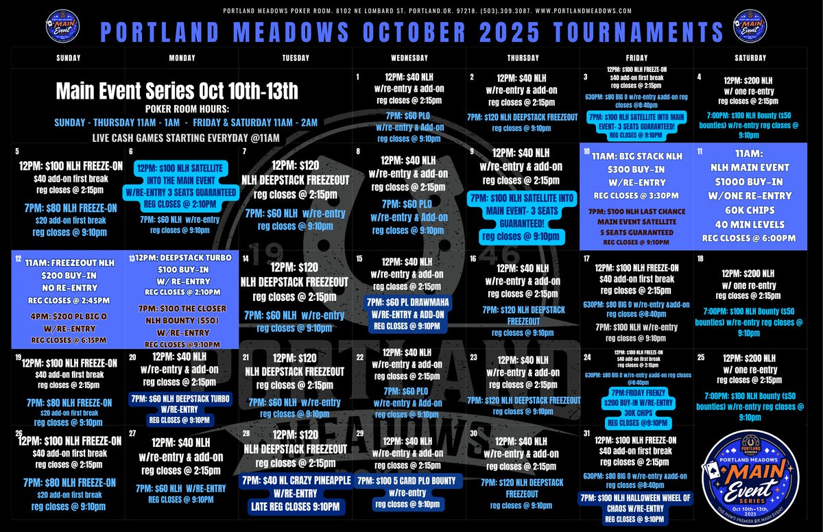 Welcome to October at Portland Meadows! 
This month is stacked with action every single day… but all roads lead to our Main Event Series – October 10th–13th!