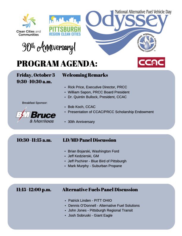 PghCleanCities's tweet image. 🚀 The wait is almost over! Check out the full agenda for Odyssey Day 2025 happening this Friday, October 3rd 🎉 From clean vehicle showcases to expert panels, you won’t want to miss a moment.

🕘 9:00 AM – 2:30 PM
📍 CCAC West Hills Center, Oakdale, PA
 
#PRCC #OdysseyDay2025