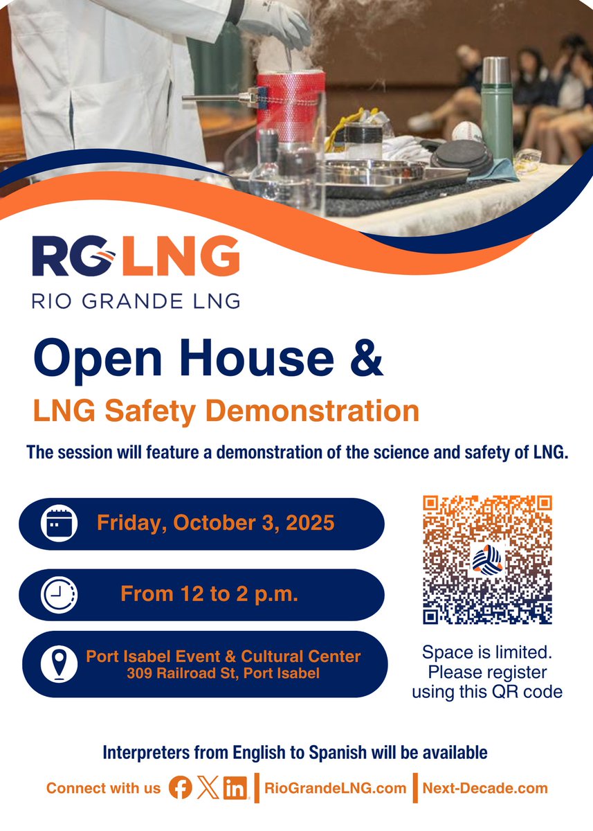Join us for a demonstration highlighting the science and safety of #LNG hosted at Texas Southmost College and at the Port Isabel Event &amp; Cultural Center.

Register using the QR codes below to attend. #RioGrandeLNG #RGLNG #RioGrandeValley #RGV