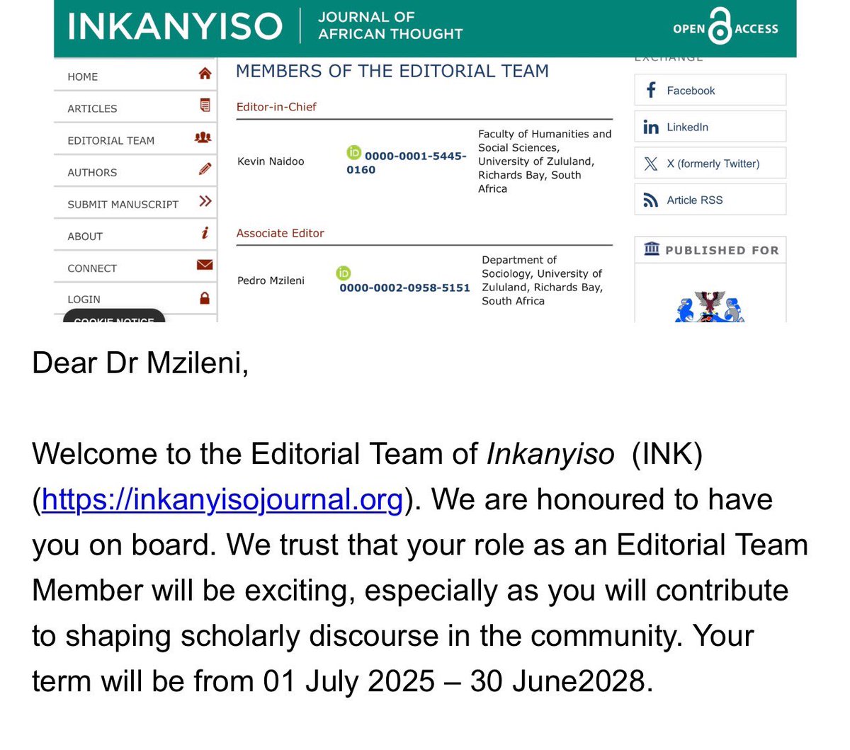 ✅🗃️ Appointed Associate Editor for Inkanyiso Journal of African Studies until 30 June 2028. We’re a DOAJ &amp; DHET accredited journal, that we plan to internationalise intensively, hopefully from receiving your exciting research articles soon. Our submission guidelines: