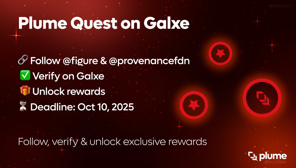 🚀 New <a href="/plumenetwork/">Plume</a> Quest is LIVE on <a href="/Galxe/">Galxe</a> ✨

Dive into the worlds of @figure &amp; <a href="/provenancefdn/">Provenance Blockchain Foundation</a> - follow, verify &amp; unlock exclusive rewards 🪶

⏳ Deadline: Oct 10, 2025

Start your journey 👉 app.galxe.com/quest/PlumeNet…

#PlumeNetwork #Galxe #RWA