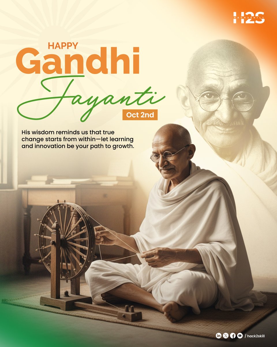 hack2skill's tweet image. ‘Be the change you wish to see in the world.’ Mahatma Gandhi’s words inspire every new idea and leap in tech today. 🙌🏼
This #GandhiJayanti, let’s innovate with integrity, design with empathy, and grow together—because true progress lifts all.
#Hack2skill #InnovationWithPurpose