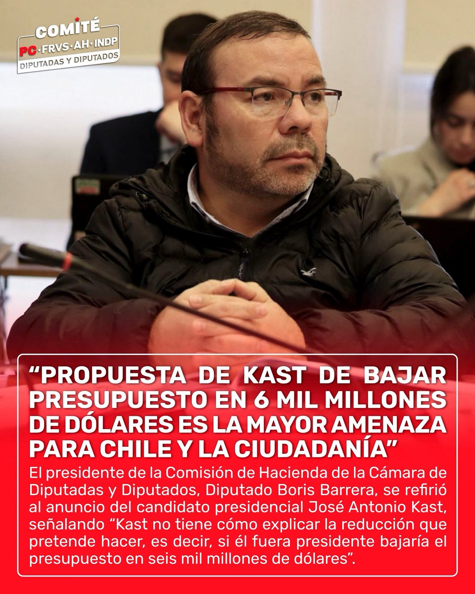 Comité PC - FRVS - AH Independientes (@bancadapc_frvs) on Twitter photo 🔴 El presidente de la Comisión de Hacienda de la Cámara de Diputadas y Diputados, Diputado <a href="/boris_barrera/">Diputado Boris Barrera</a> , se refirió al anuncio del candidato presidencial José Antonio Kast, señalando que “es la mayor amenaza para Chile y la ciudadanía”. 🔴 El presidente de la Comisión de Hacienda de la Cámara de Diputadas y Diputados, Diputado <a href="/boris_barrera/">Diputado Boris Barrera</a> , se refirió al anuncio del candidato presidencial José Antonio Kast, señalando que “es la mayor amenaza para Chile y la ciudadanía”.