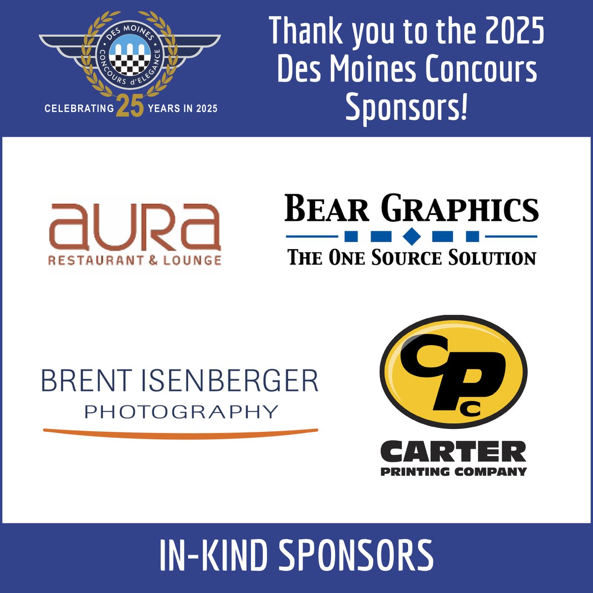DSMConcours's tweet photo. We’re grateful for our In-Kind Sponsors support of the 25th Anniversary Concours, and we can’t wait to see what we’ll create together for 2026! 🚗💫 #DSMConcours #ThankYou https://t.co/RMZfH4SFYe