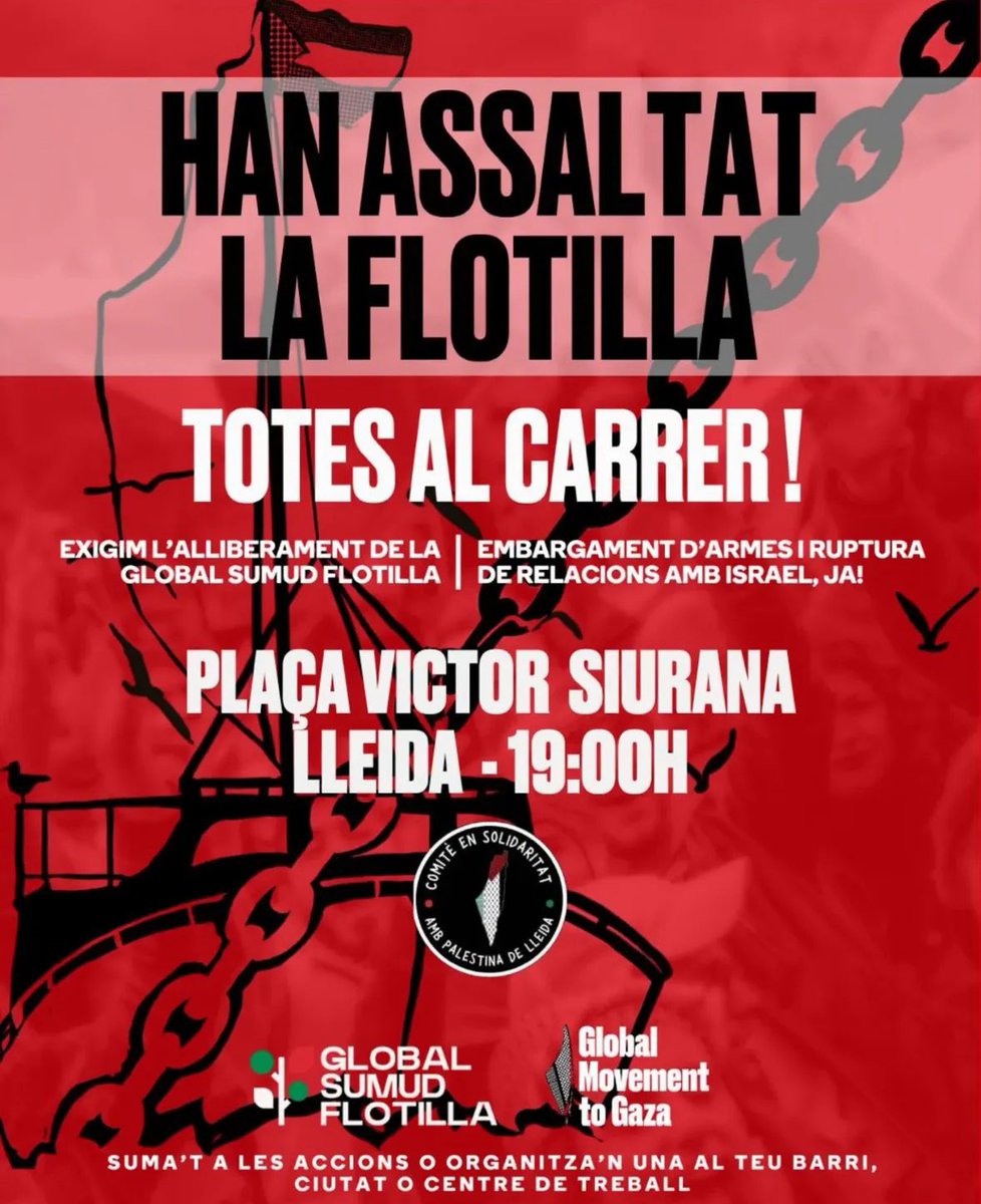 ⚠️Acaben d’assaltar la Flotilla. L'estat sionista ha atacat la missió d’ajuda humanitària que tractava de trencar el setge a Gaza. 

Ara és el moment de respondre. Ens toca a la joventut treballadora, sortir al carrer, organitzar-nos i lluitar! Aquest divendres Vaga Estudiantil!