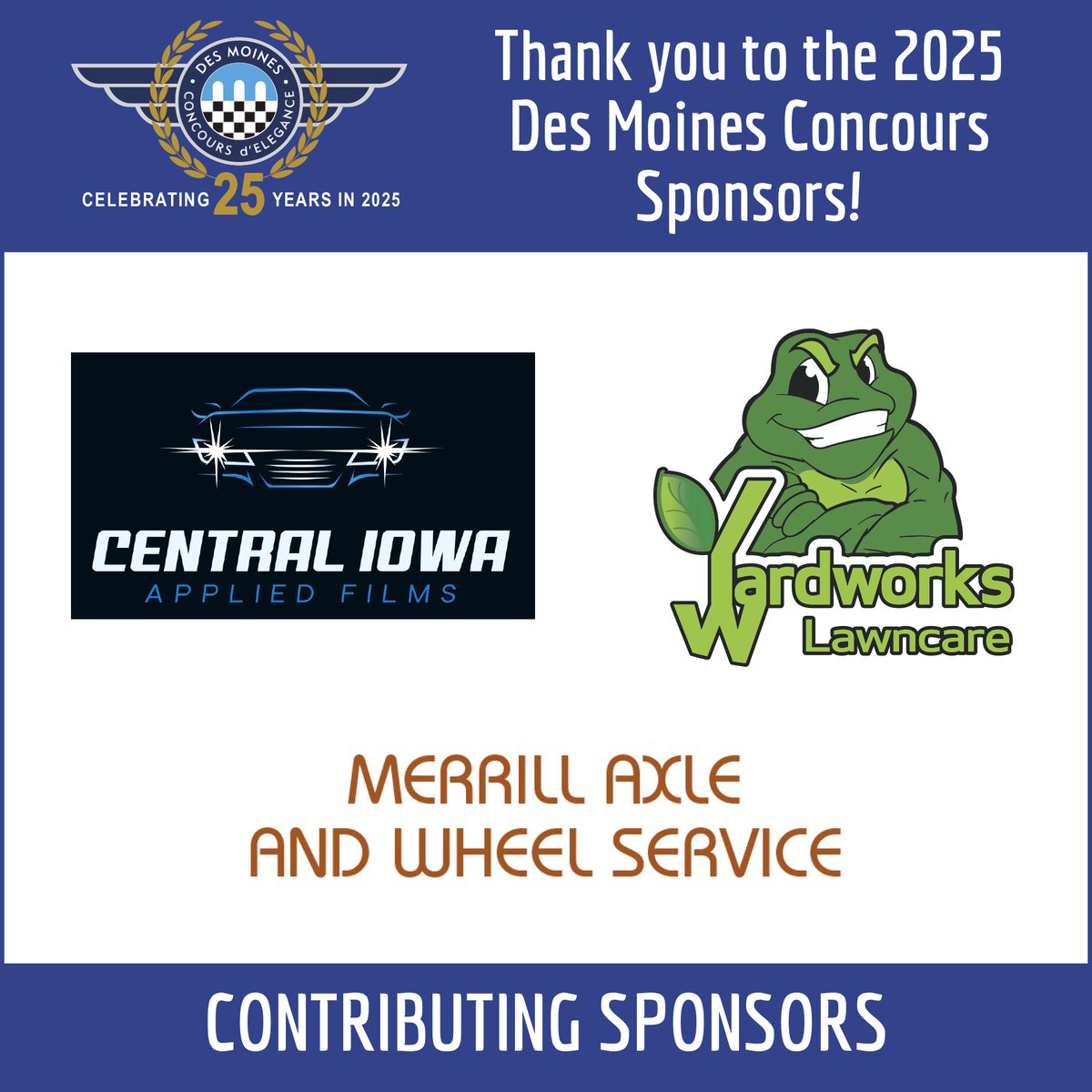DSMConcours's tweet photo. We’re proud to partner with our Contributing Sponsors! Your support makes the Des Moines Concours possible, and together we celebrated 25 years of automotive excellence. 🙌 #ThankYouSponsors #DSMConcours https://t.co/NtkP5YqlHi