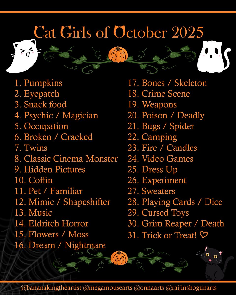 October drawing prompts! ٩( 'ω' )و

I’ll do my best to draw lots of catgirls and finish the list this year… (๑&gt;◡&lt;๑)